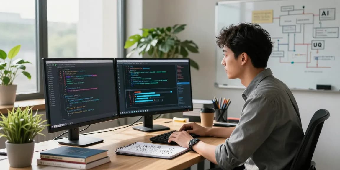 Data scientist developing AI agents software in a modern office with dual screens and flowcharts.