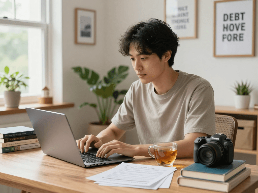 Young adult managing debt consolidation paperwork at a cozy home office desk.