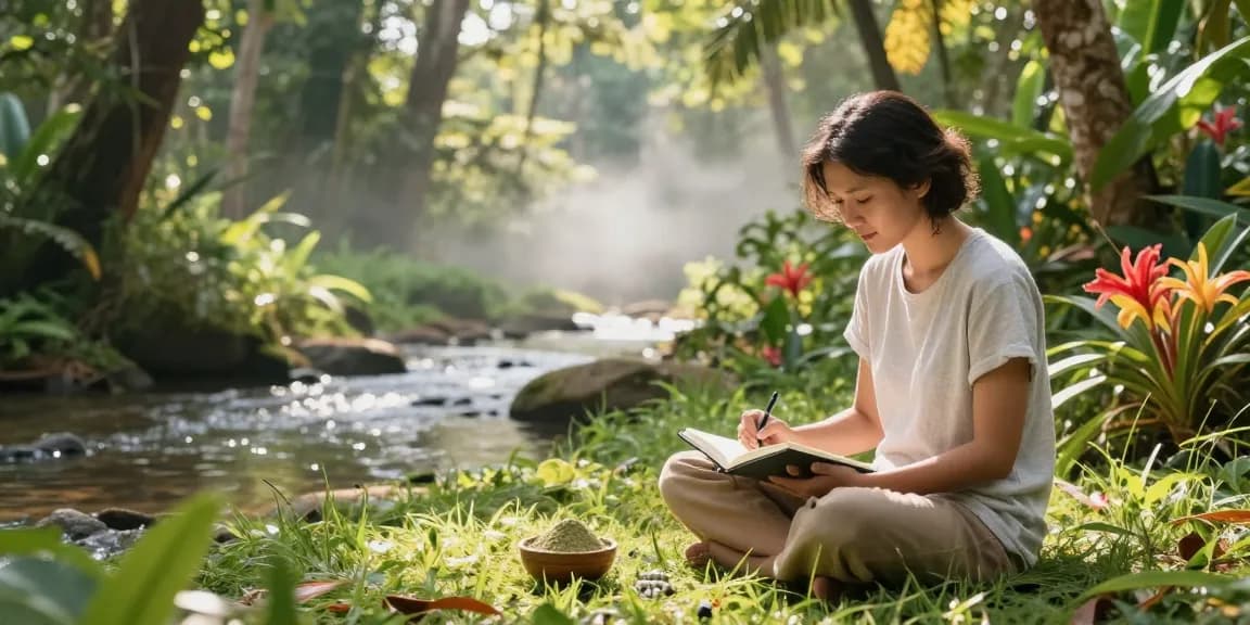 Explore the benefits of Green Thai Kratom from behappygoleafy.com/green-thai-kratom in a tranquil rainforest setting.