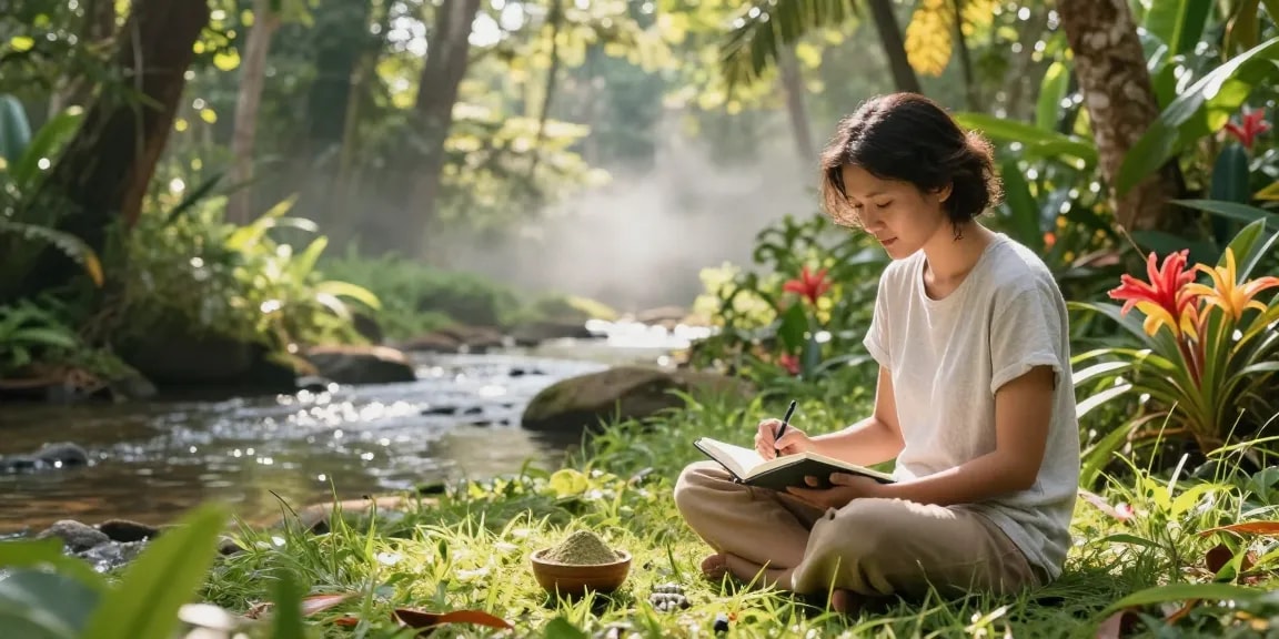 Explore the benefits of Green Thai Kratom from behappygoleafy.com/green-thai-kratom in a tranquil rainforest setting.