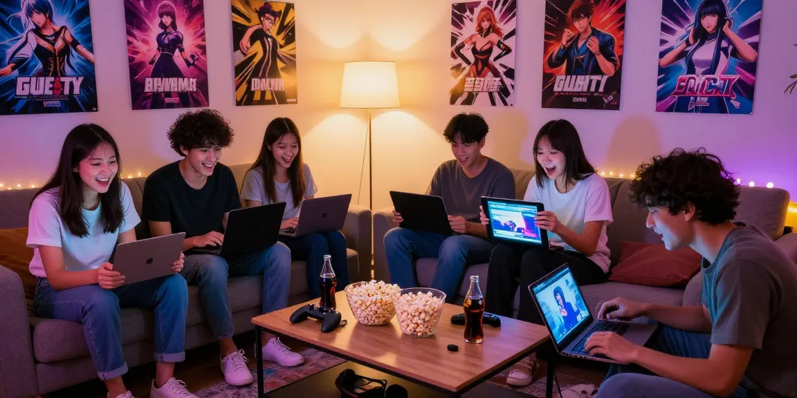 Group enjoying ecchi games together in a cozy gaming environment with colorful decor and devices.