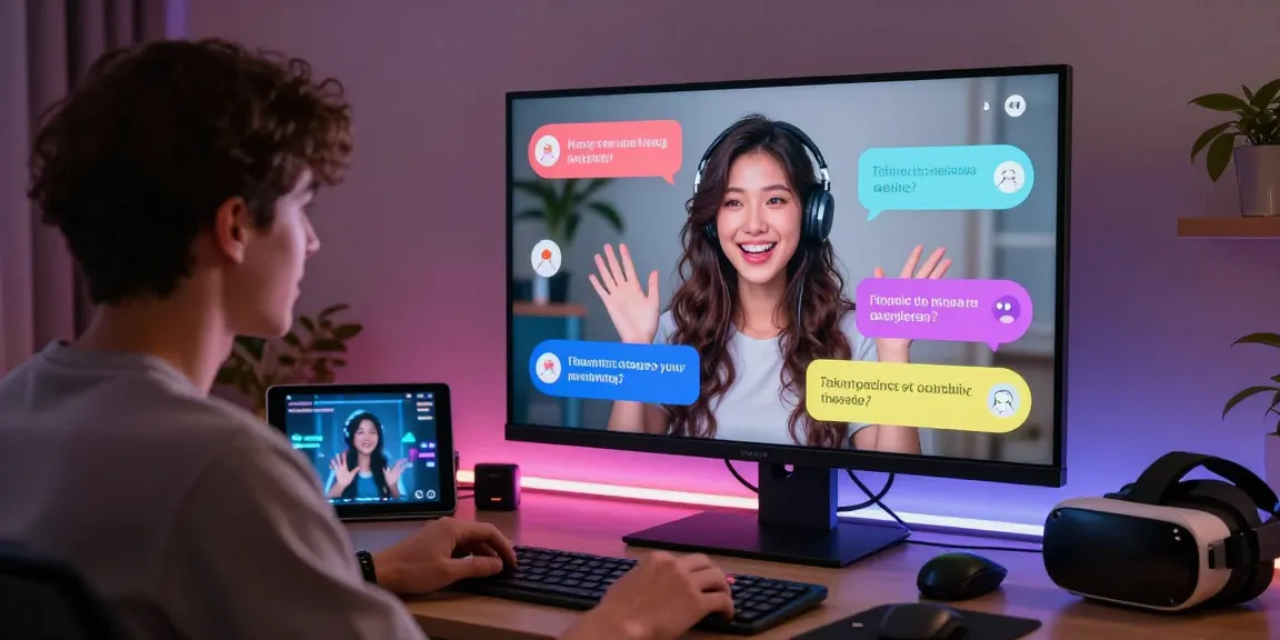 Engaging user in ai ecchi chat with animated AI girlfriend, modern digital environment.