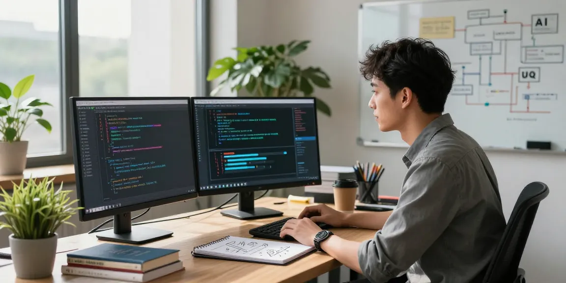 Data scientist developing AI agents software in a modern office with dual screens and flowcharts.