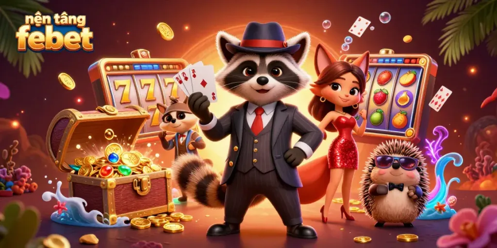 Experience the vibrant atmosphere of nền tảng febet with animated characters showcasing casino excitement.