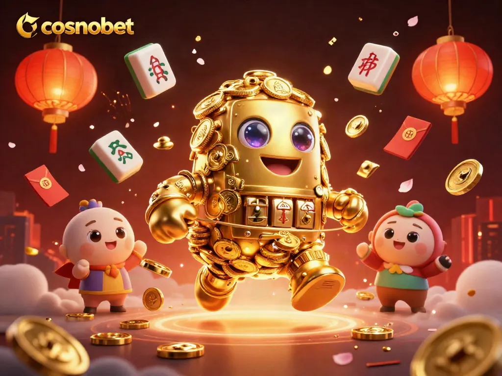 Experience winning strategies at cosmobet with a dynamic illustration of a golden golem surrounded by casino elements.