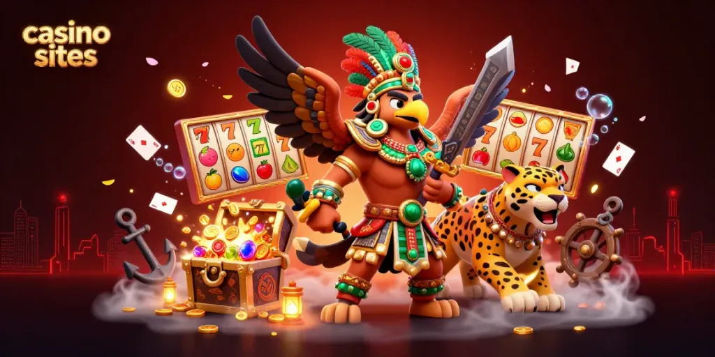 Engage with vibrant casino sites showcasing thrilling slots and dynamic characters in a rich, detailed scene.
