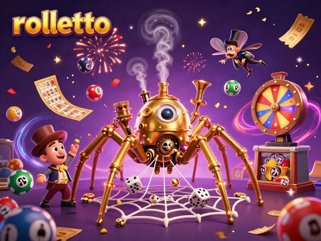 Experience rolletto's vibrant gaming universe with a steampunk spider weaving luck, surrounded by celebration elements.