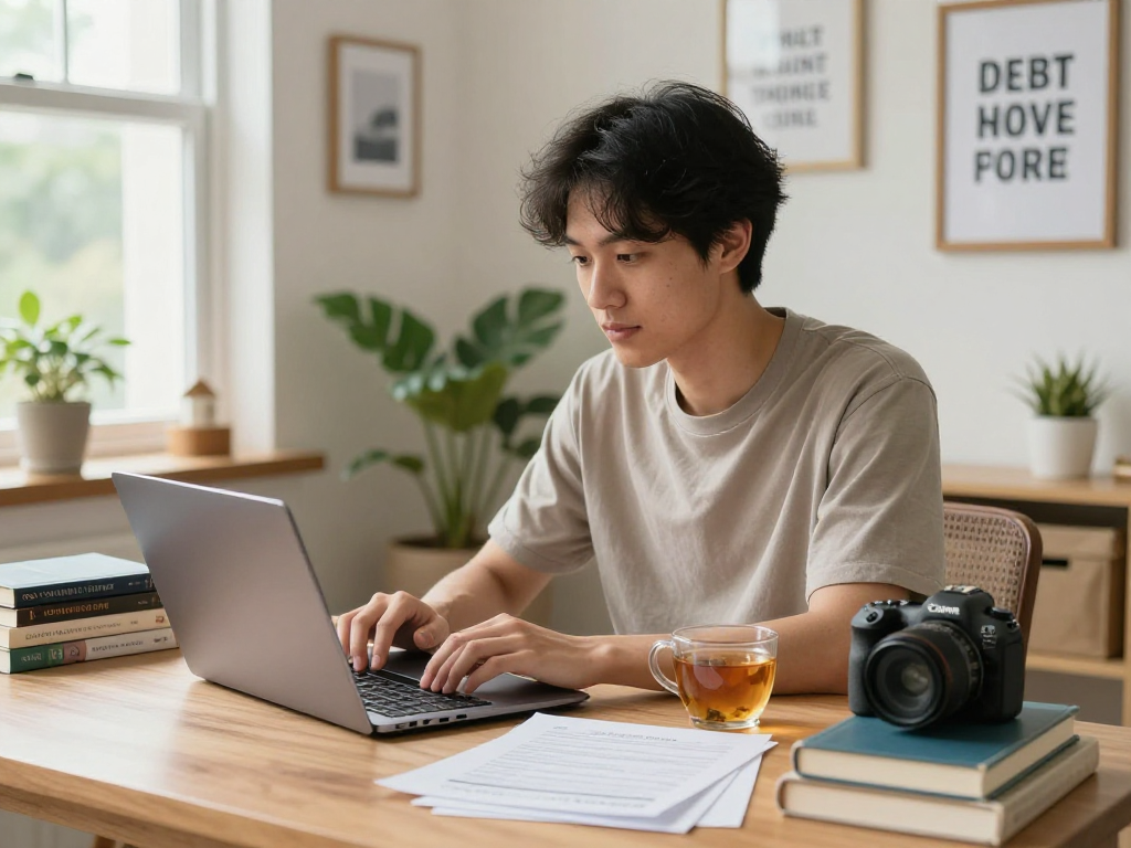 Young adult managing debt consolidation paperwork at a cozy home office desk.