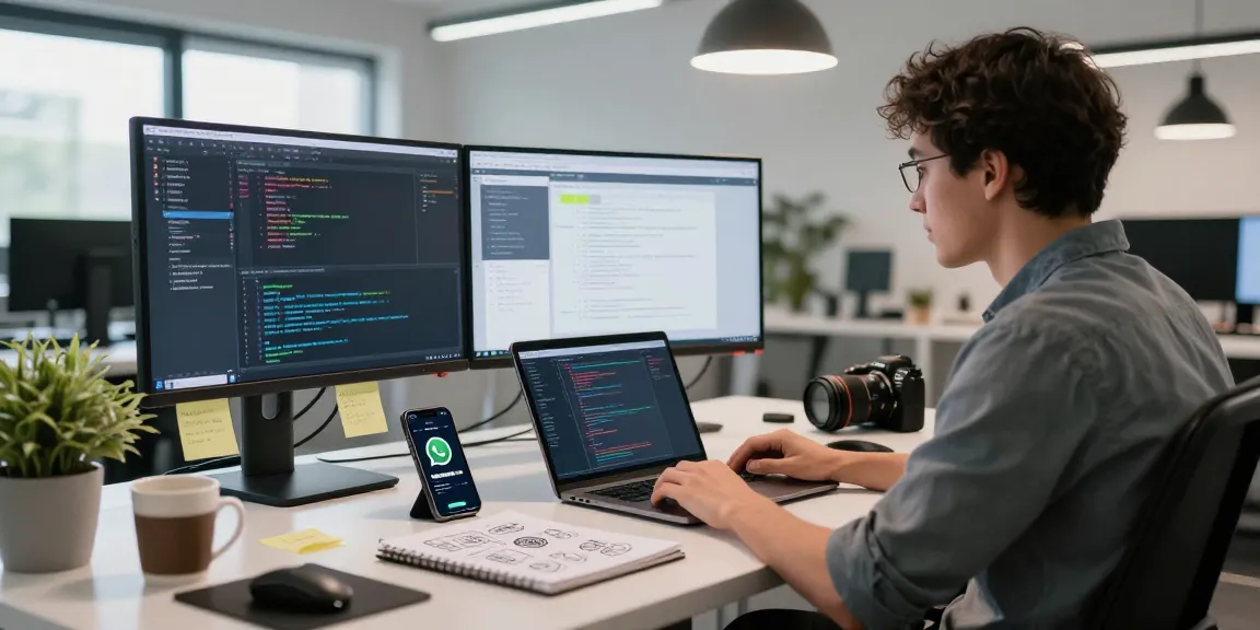 Developer coding WhatsApp下載 app in bright workspace with multiple screens.