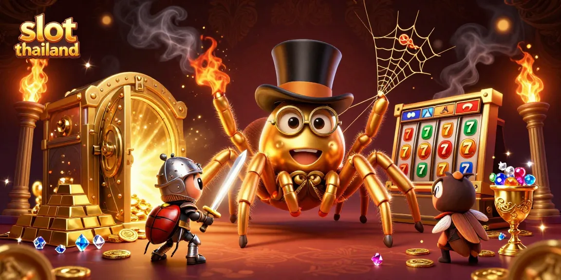 Spin the reels at slot thailand with vibrant scene featuring golden treasures and lively characters.