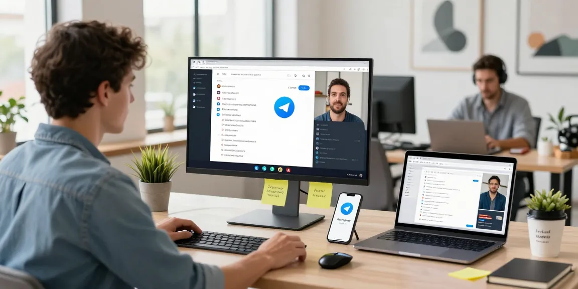 Accessing Telegram Web on a modern workspace setup with chat notifications and video call details.