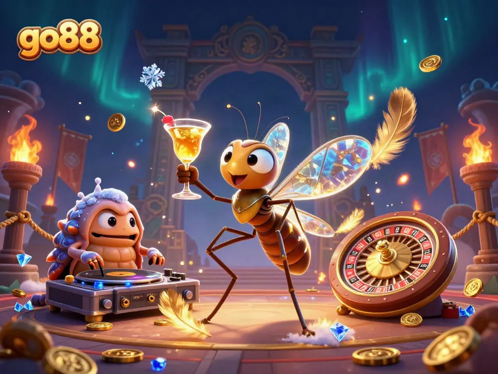 Engage with go88's vibrant casino scene featuring animated characters in an exciting environment.