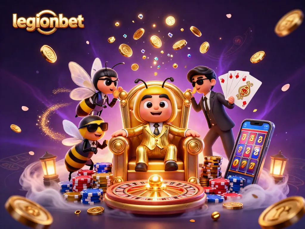 Play thrilling games featuring legionbet with colorful poker chips, cascading coins, and vibrant slot machines.