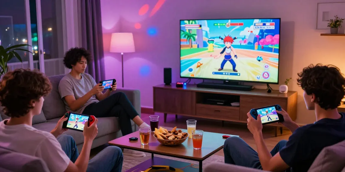 Group enjoying hentai games in a cozy gaming setup with animated visuals