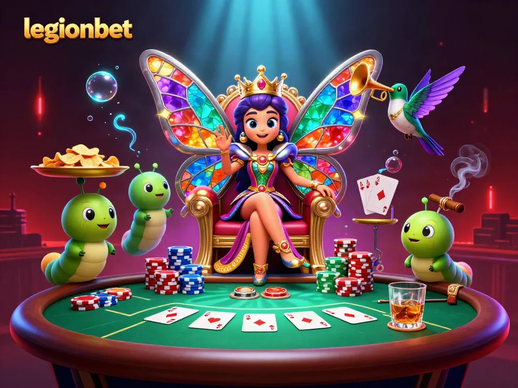 Win big with legionbet in a vibrant casino atmosphere featuring a butterfly queen and poker elements.