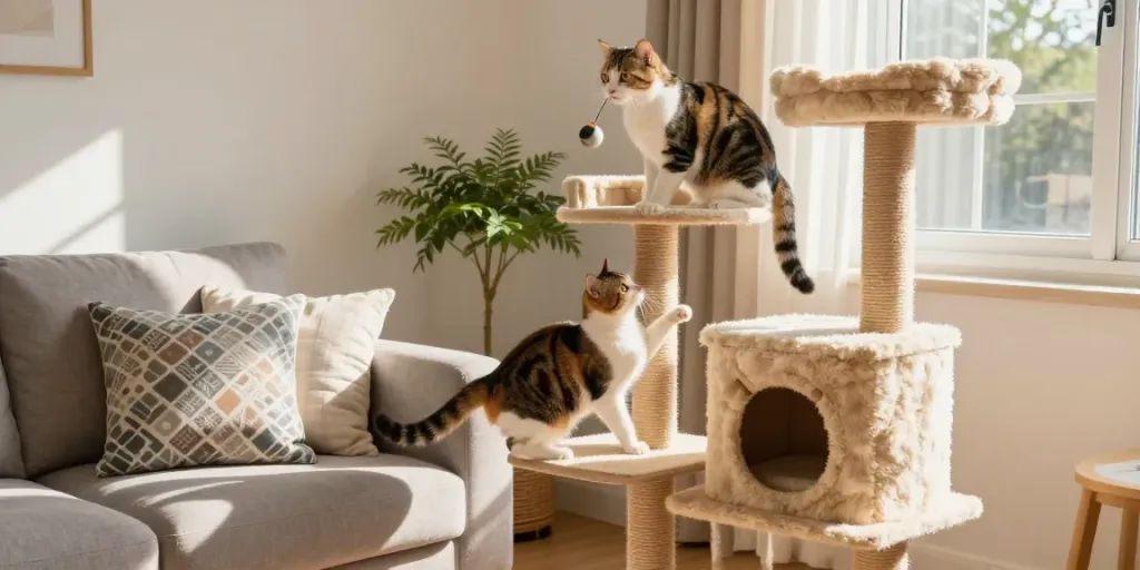 Two playful cats climbing on a stylish cat tree in a cozy living room setting.