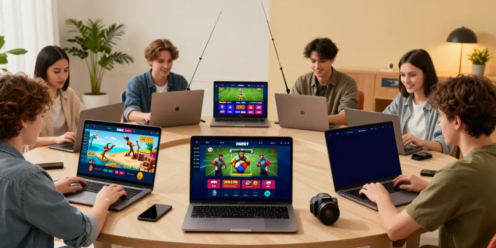 Engaging scene of users on the trang chủ debet platform, enjoying multiple online games and entertainment options in a lively environment.