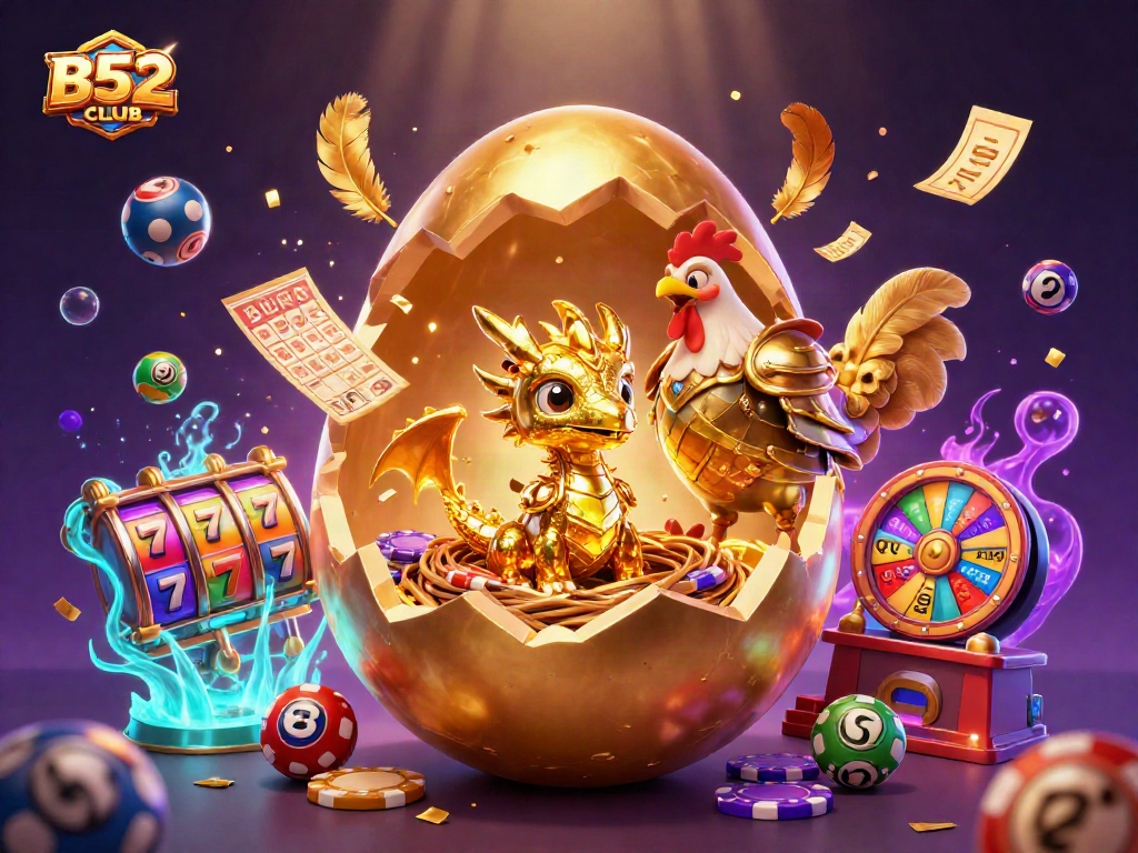 Experience the thrill at B52CLUB with a captivating golden dragon and vibrant casino elements.
