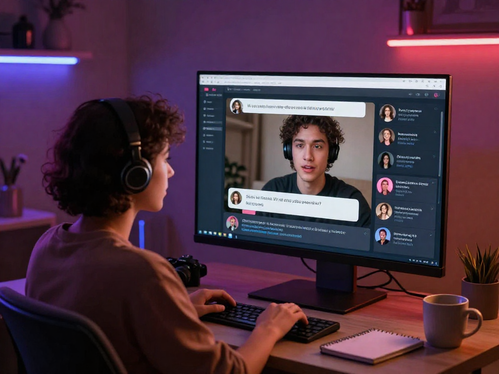 Interactive ai porn chat scene showcasing a user engaged with a lifelike AI avatar in a vibrant and modern virtual environment.