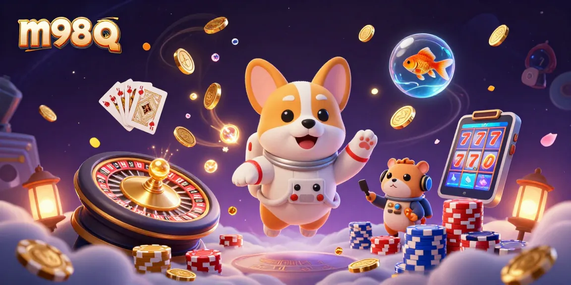 Experience thrilling casino action with m98 q, featuring playful characters in a vibrant space setting.