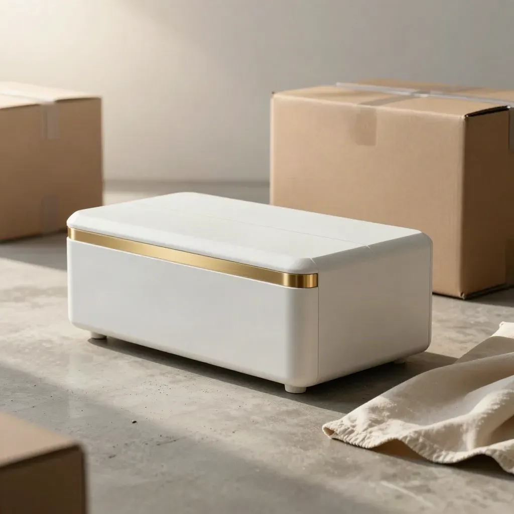 Matte white hardware prototype with cartons, foam inserts and dust cover on a concrete floor.