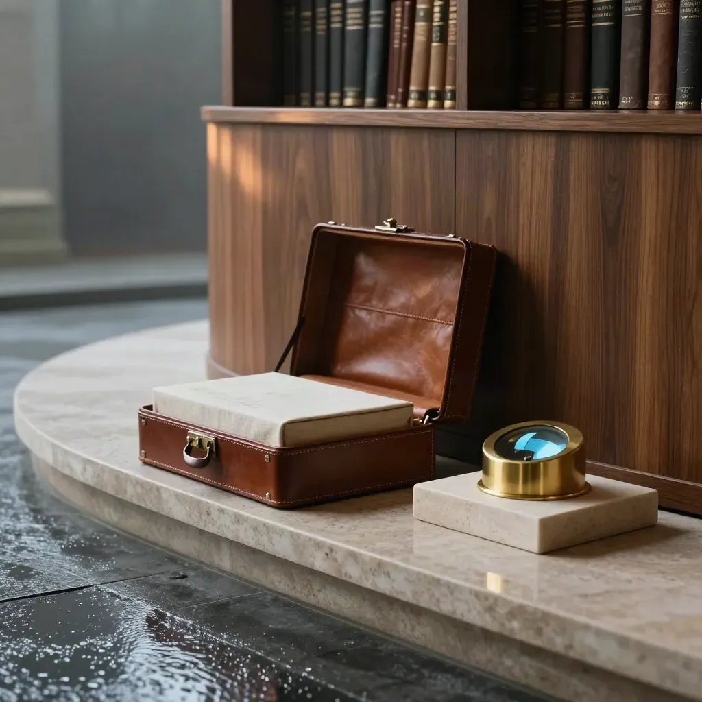 Rain-slick investment library with leather portfolio case, brass paperweight and prototype on stone