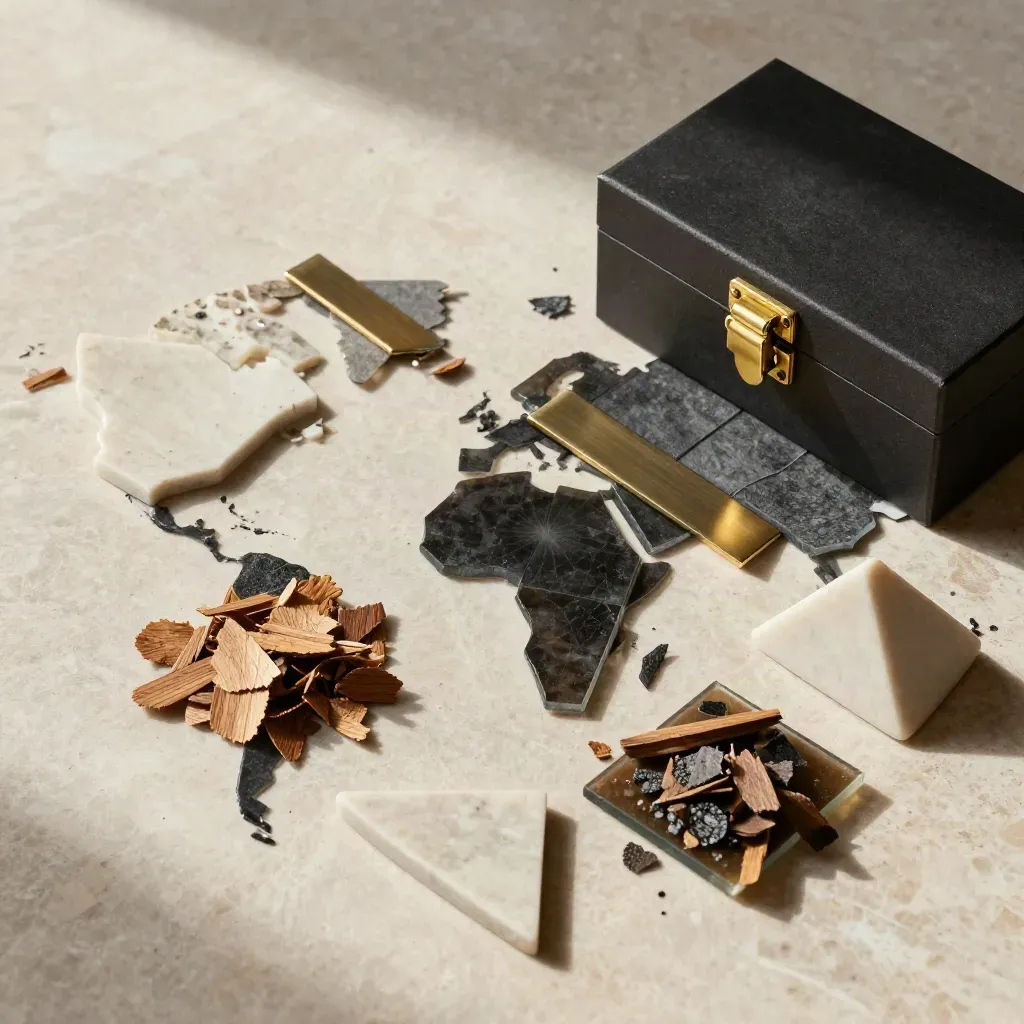 Travertine, oak, glass and brass samples arranged beside a closed portfolio case on stone.