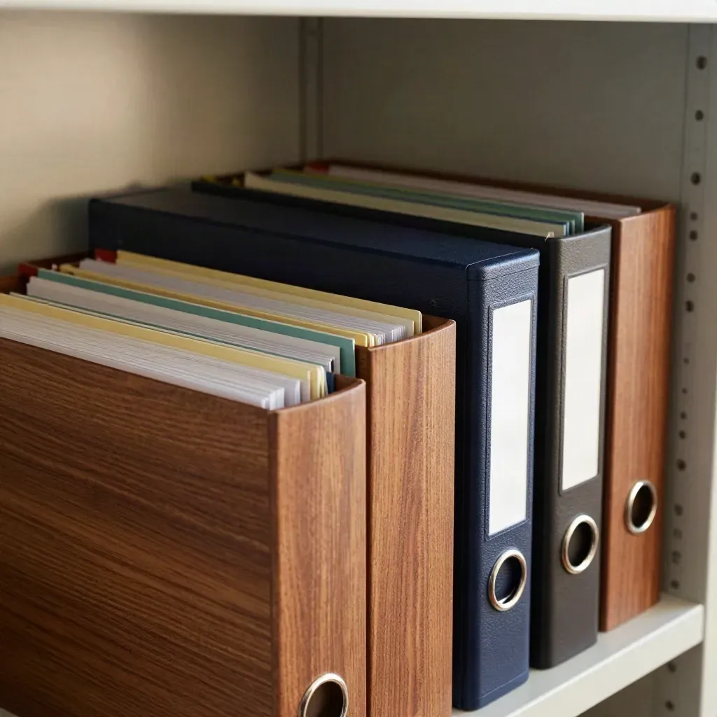 Data-room shelf with file boxes, hard-drive case and audit sleeves in walnut and graphite.