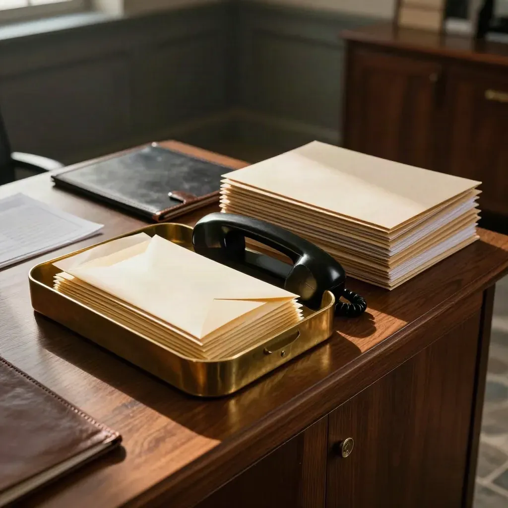 Moody investor relations tray with envelopes, handset and board-pack folders in a luxe office
