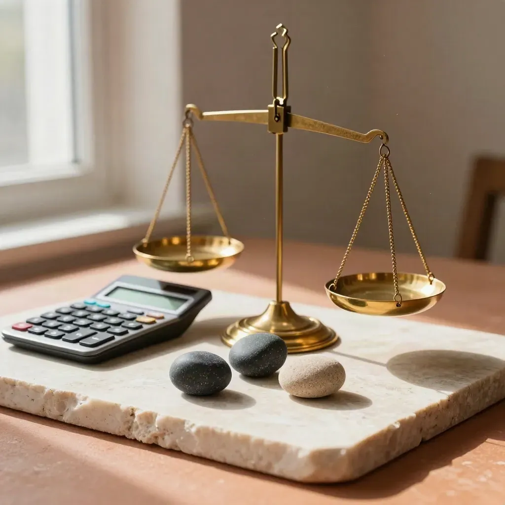 Brass balance scale, calculator and decision stones on pale stone slab in warm window light