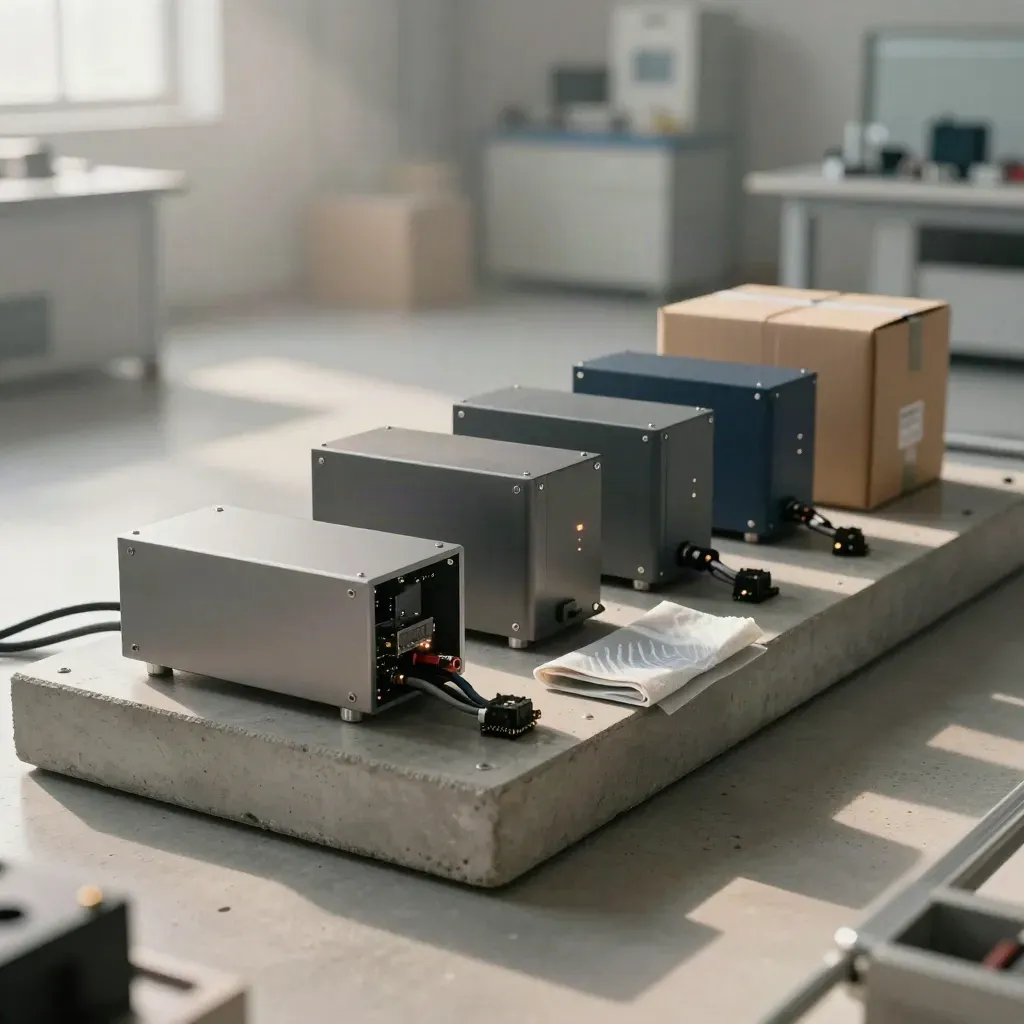 AI hardware prototype units on a concrete plinth with foam inserts and a shipping carton
