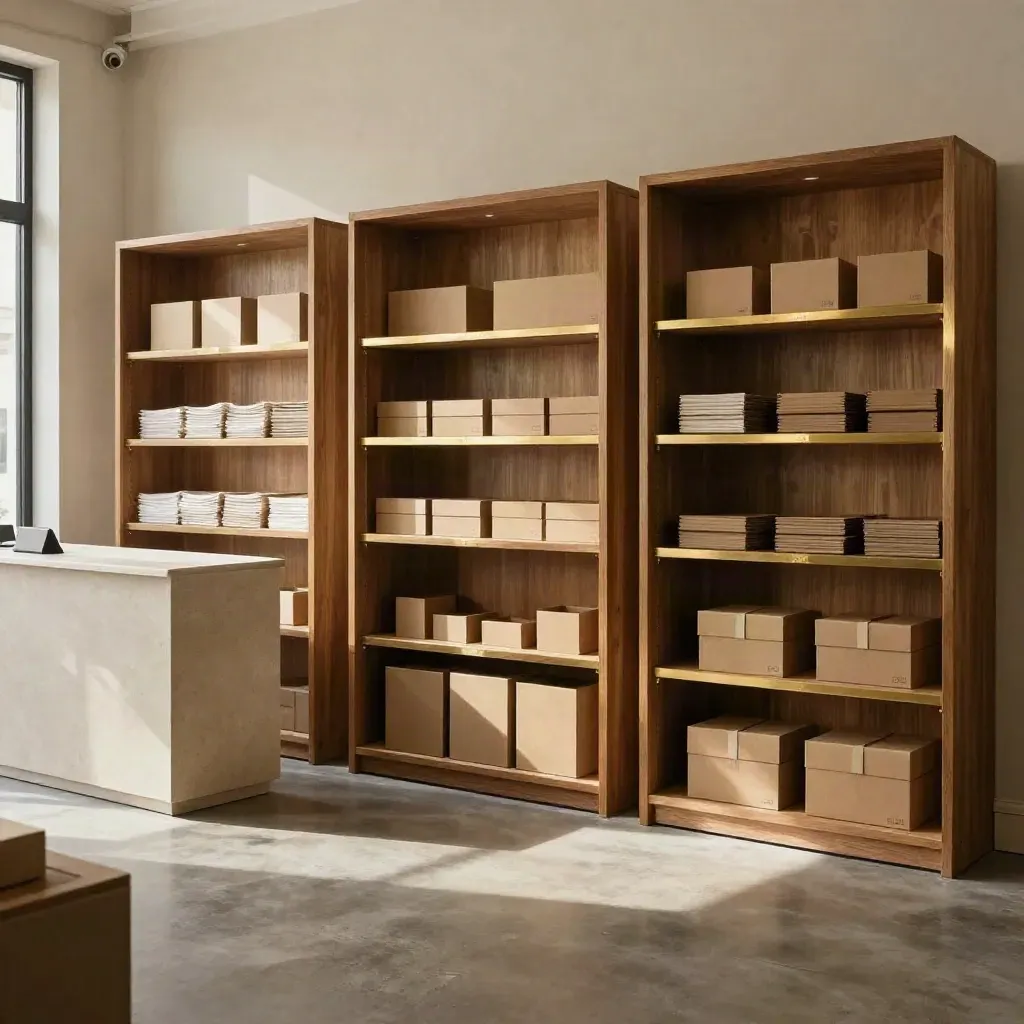 Fresh retail bays with oak shelving, stock cartons and an empty till counter in warm daylight.