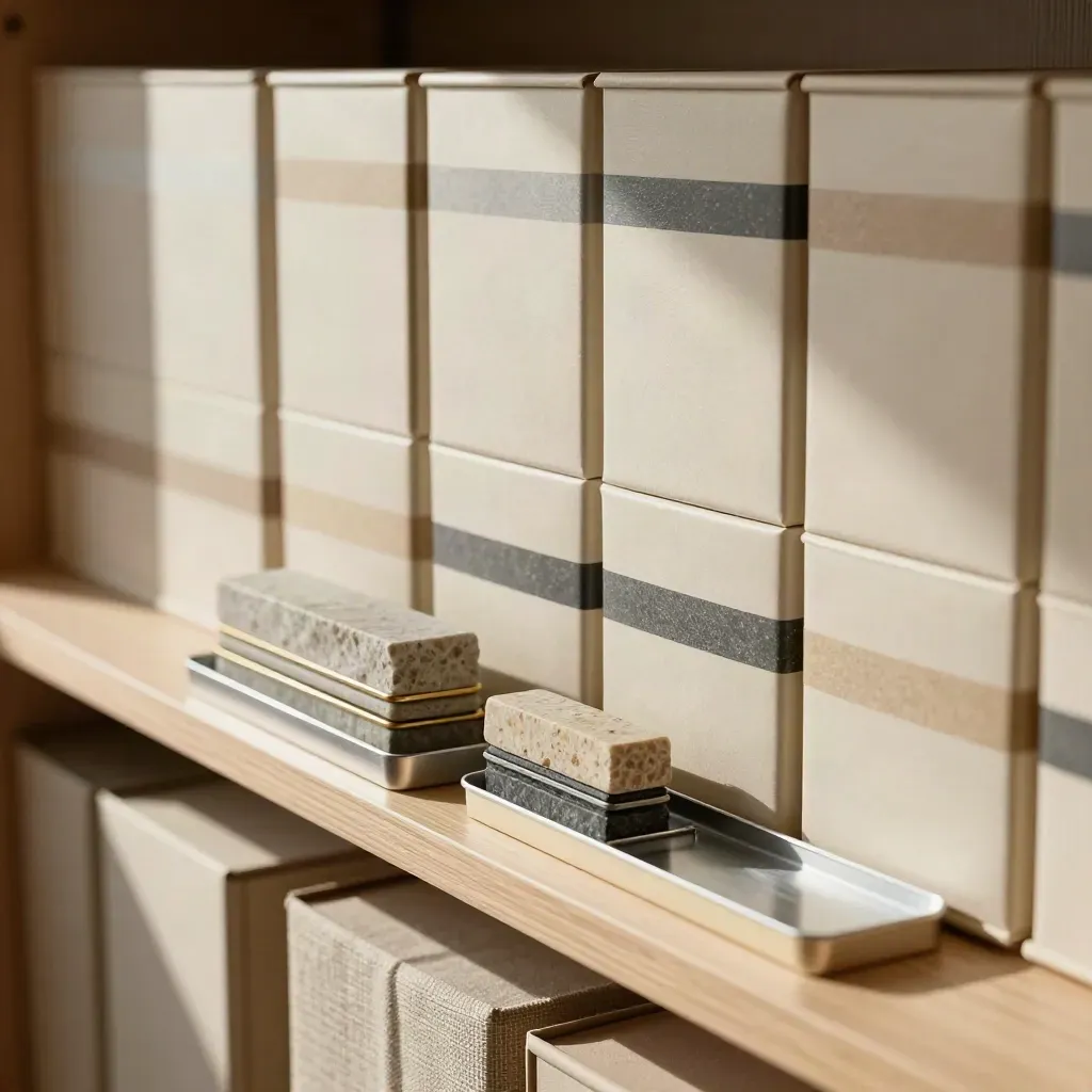 Ivory archive boxes, banded trays and a stone portfolio model on pale oak shelving.