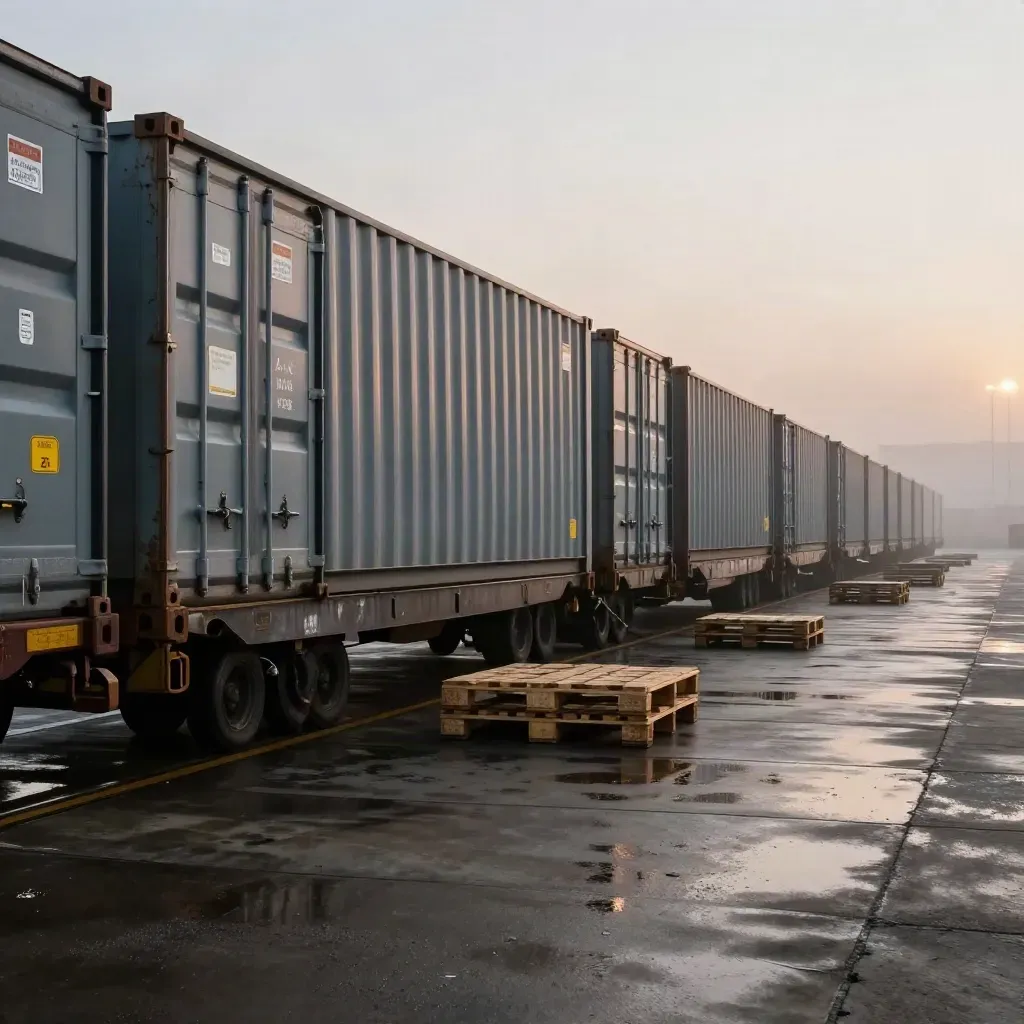 Wet dawn freight yard with sealed containers and stacked pallets fading into mist.