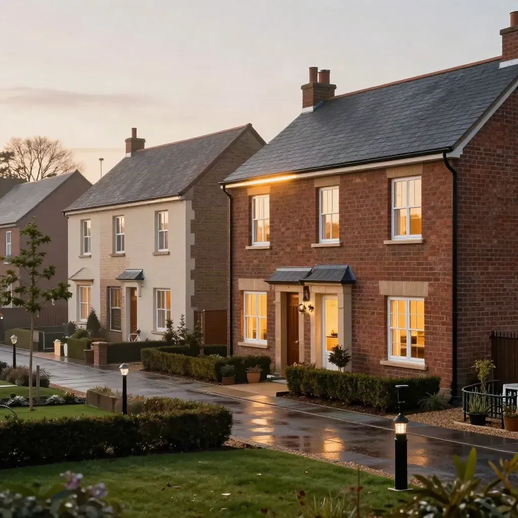 Completed terrace homes at dusk with lit windows, landscaped drive, and misty evening haze.