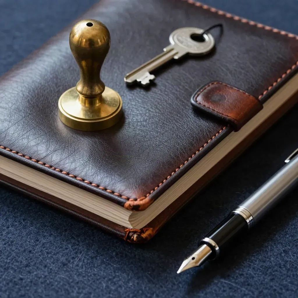 Leather portfolio folio, brass desk seal and silver pen on dark wool in dramatic studio light.