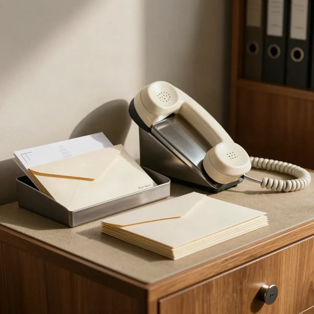 Phone handset, sealed envelopes, and a correspondence tray on an oak credenza in soft office light