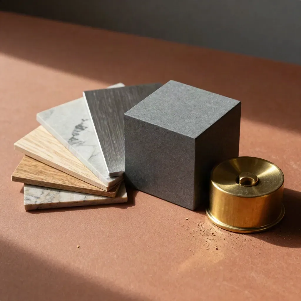 Terracotta still life of material swatches, risk cube and brass paperweight