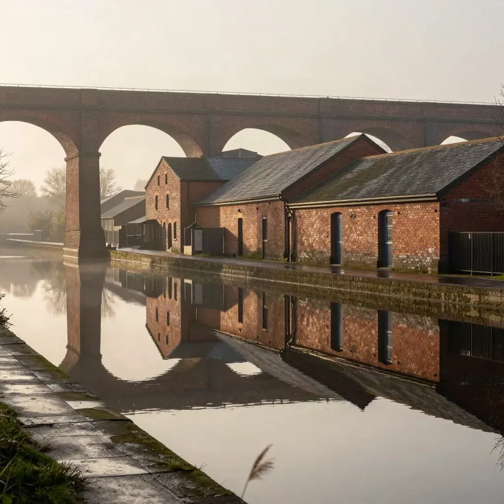 Brick canal viaduct and warehouse roofs reflected in still water under morning mist