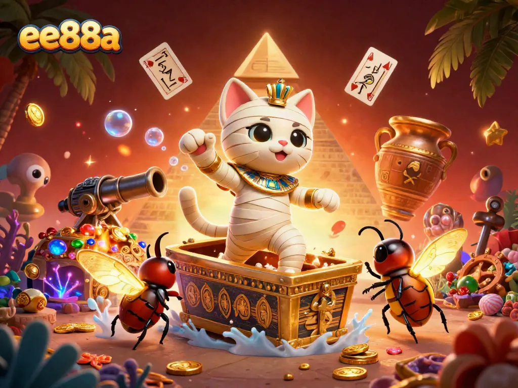 Experience thrilling gameplay at ee88a with a dynamic 3D casino scene featuring a mummy cat.