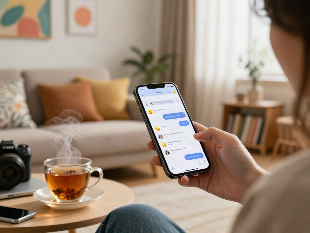 Engaging in ai porn chat on smartphone in cozy space, showcasing tech and personal connection.