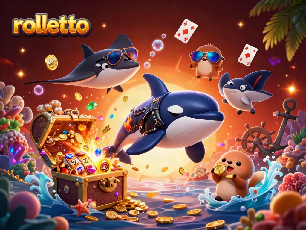 Experience thrilling gameplay at Rolletto Casino with a vibrant underwater illustration of characters enjoying wins and treasures.