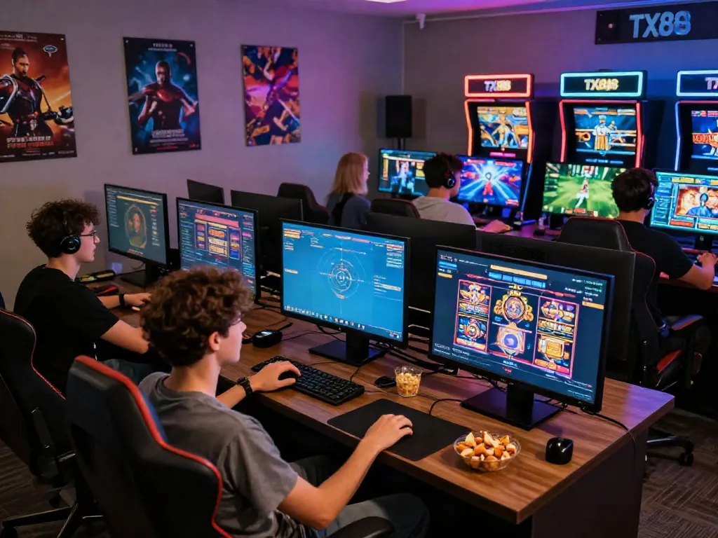 Excited players enjoying vibrant slot games and sports betting on TX88 platform at home gaming room.