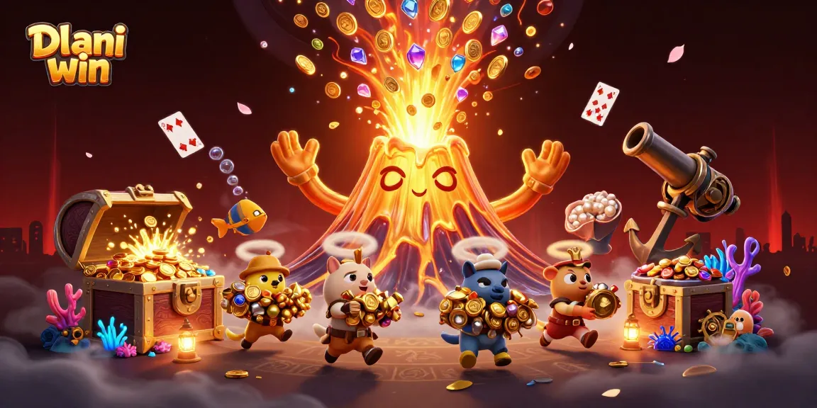 Dhani win ignites excitement with a golden volcano erupting treasures and gaming elements.