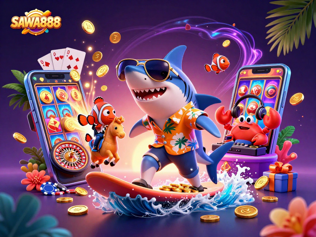 Experience excitement with SAWA888 as the shark surfs on gold coins amidst a vibrant casino scene.