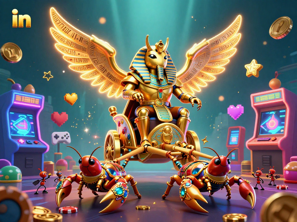 Experience a thrilling casino adventure in with golden scarab beetles and poker chips!