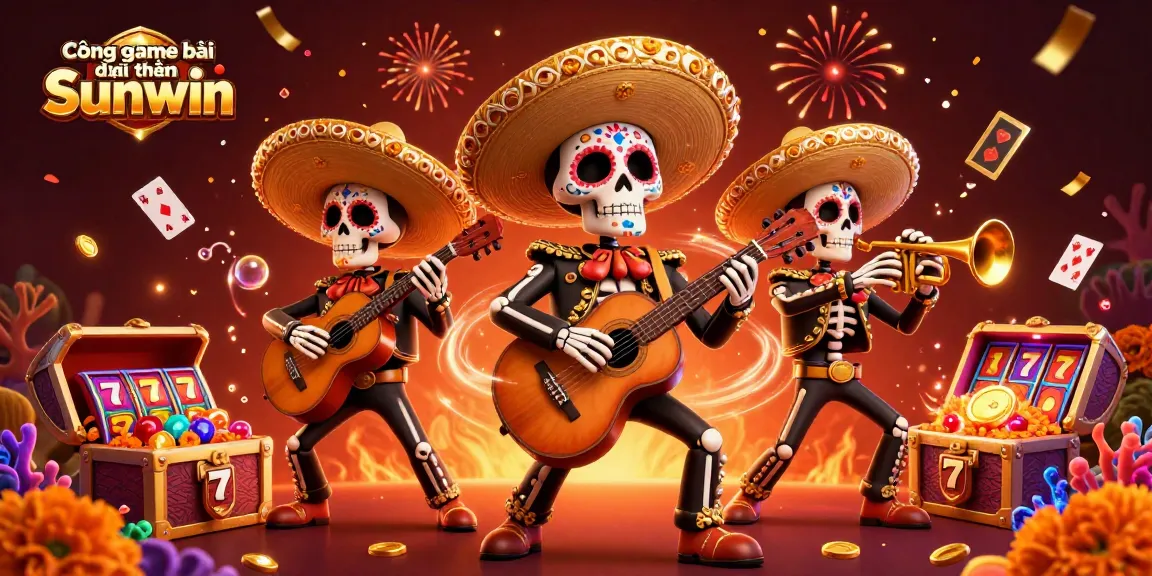 Cổng game bài đổi thưởng Sunwin showcases an energetic mariachi band amid a vibrant casino scene with slot game elements.
