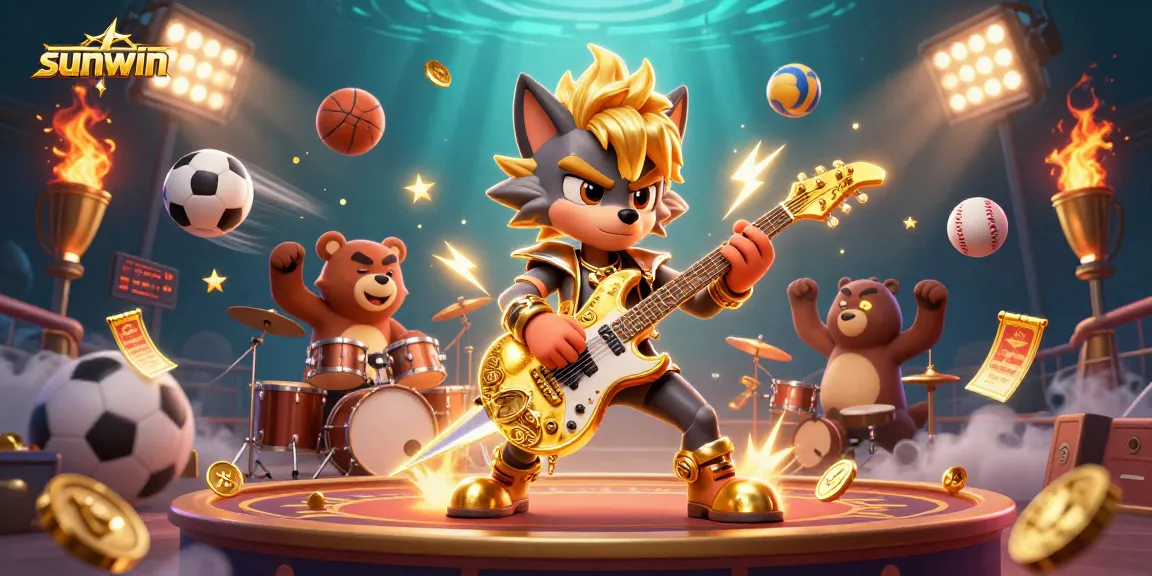 Experience thrilling sports betting at sunwin with exciting dynamic 3D illustration featuring cartoon characters.