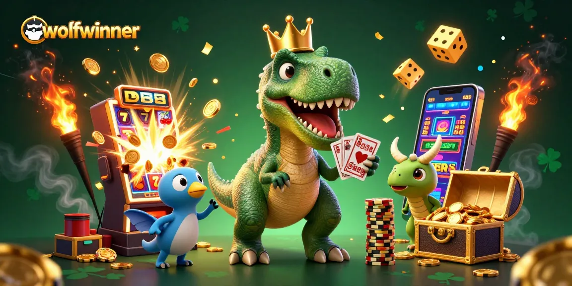 Experience wolfwinner's exciting card game scene with 3D characters, vibrant slot machines, and golden treasures.