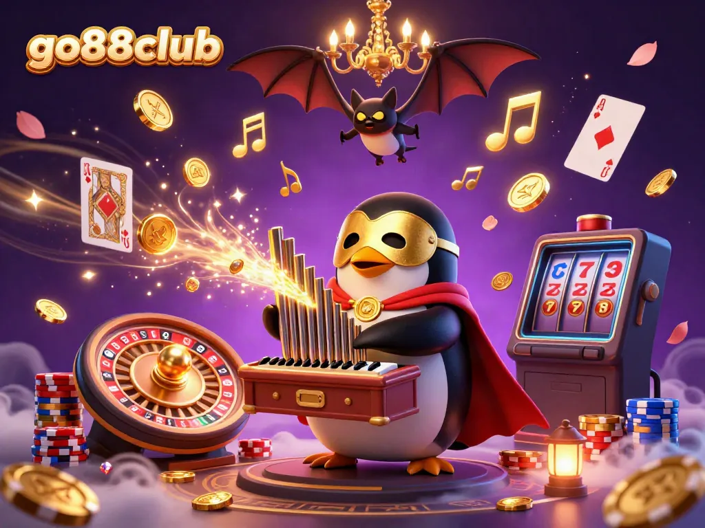 Experience the excitement of go88club with a dynamic scene of gaming characters and golden treasures.